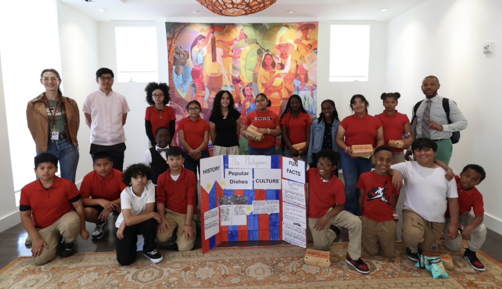 A proud moment with the fifth-grade students of Dorothy I. Height Elementary and Sentro Rizal Administrator Mark Lim (standing,second from left) after their EAP presentation at the Philippine Embassy on 2 June 2025.
